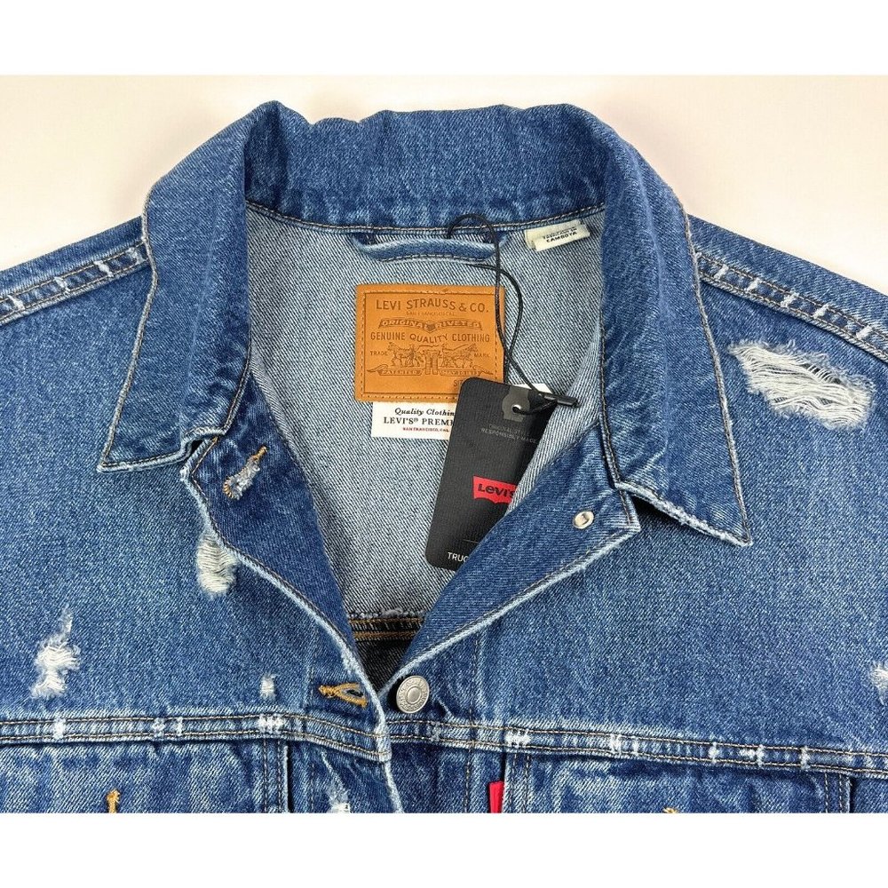 Levis Premium 90s Trucker Womens Dark Blue Jean Denim Jacket Distressed Retro - Picture 3 of 12